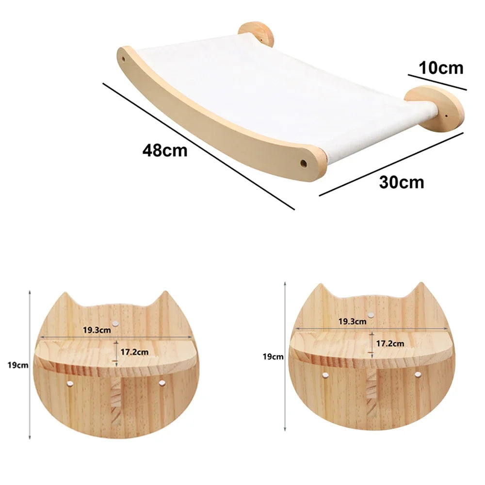 A wooden cat tree and hammock with a light wood finish shown in various dimensions.