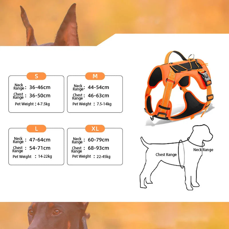 Diagrams showing size ranges for small (S), medium (M), large (L), and extra-large (XL) adjustable dog harnesses.