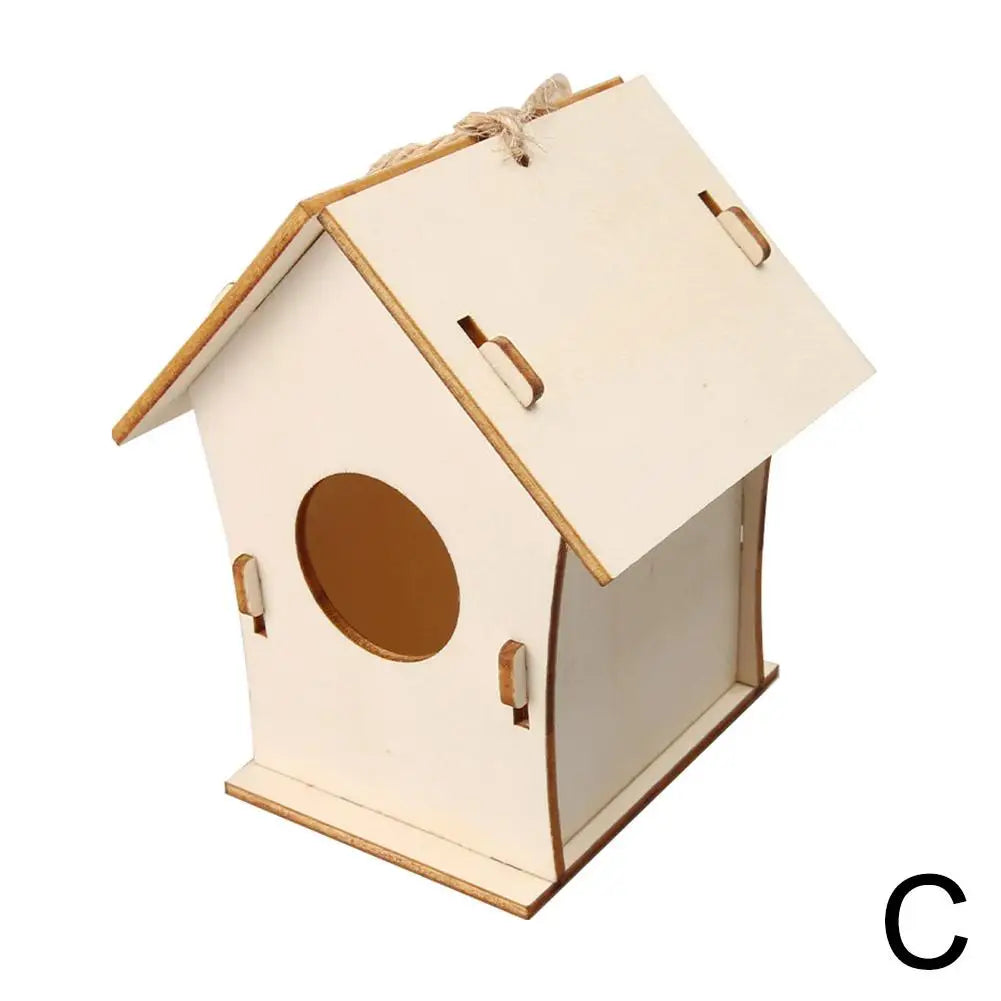 Unfinished Wooden Bird House Kit with Hemp Rope for DIY Painting