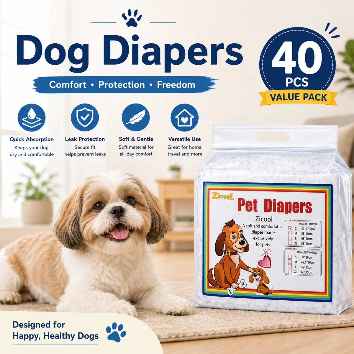 Soft Breathable Disposable Diapers for Dogs - 40 Pack