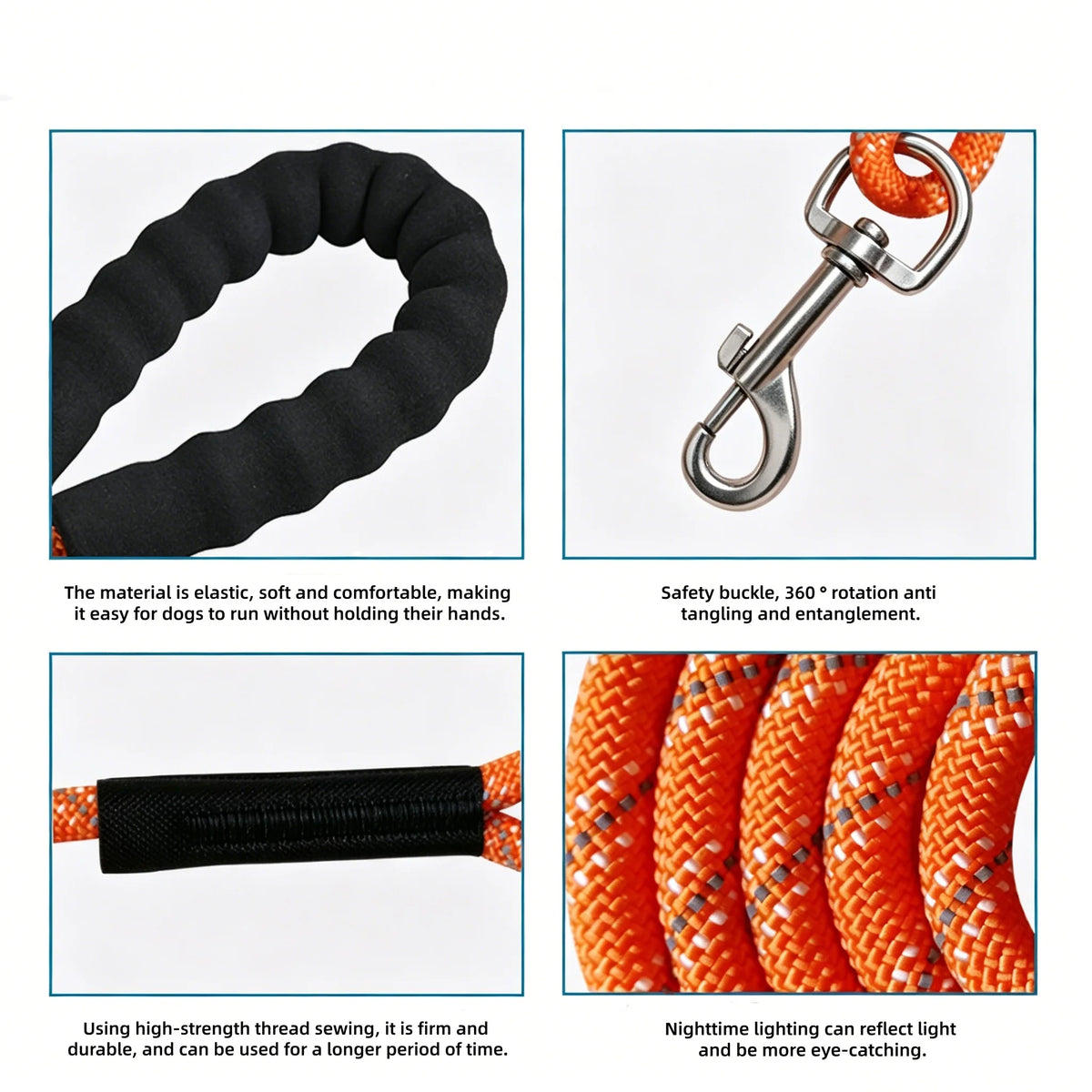Black padded nylon dog leash with an orange reflective nylon strap and a silver swivel clasp.