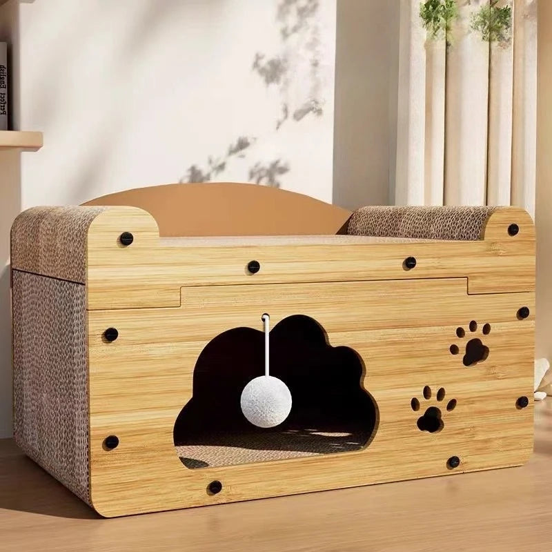 2-in-1 Cat Scratcher House with Hideout and Lounge Bed