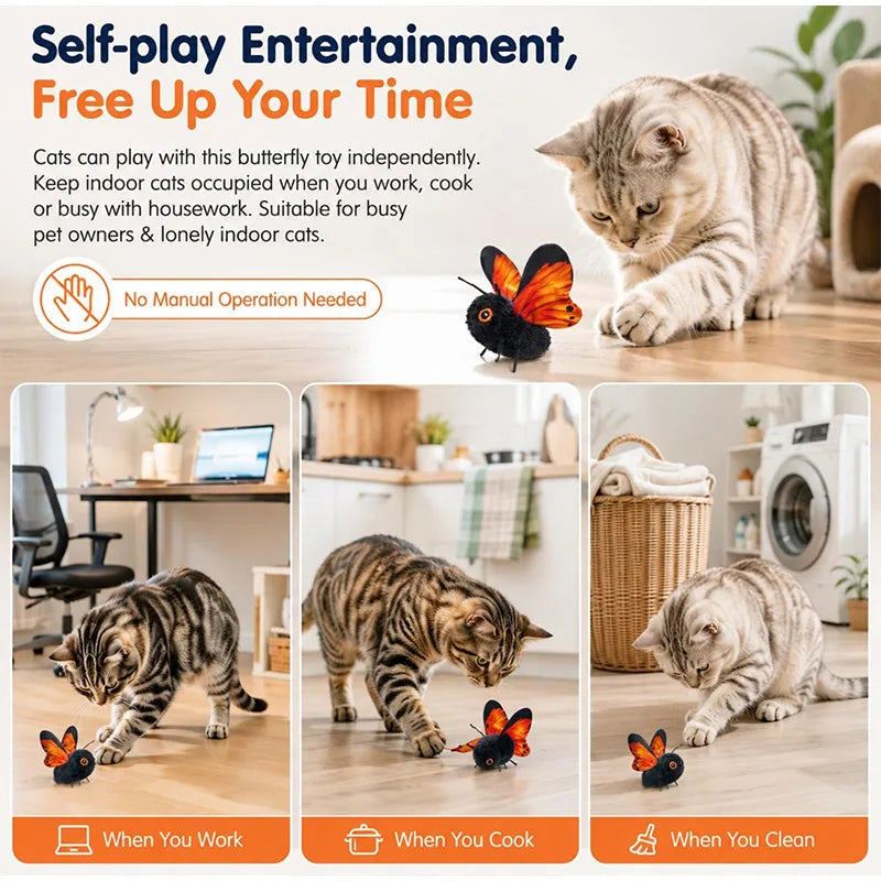 A tabby cat plays with a motion-activated fluttering butterfly toy on a wooden surface.