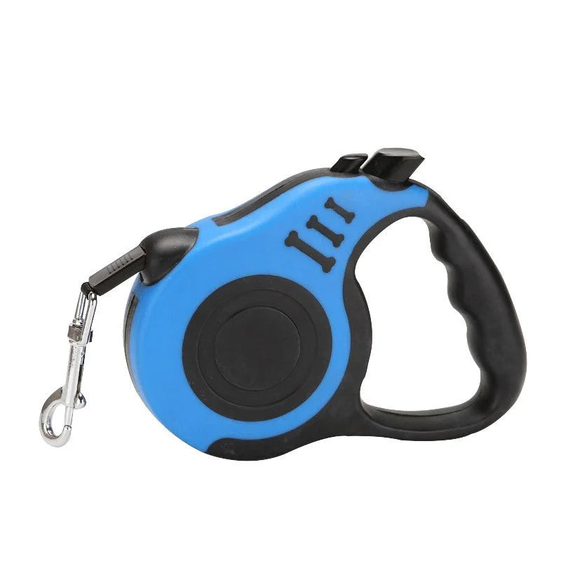 A blue and black automatic retractable dog leash with a black handle and metal clip.