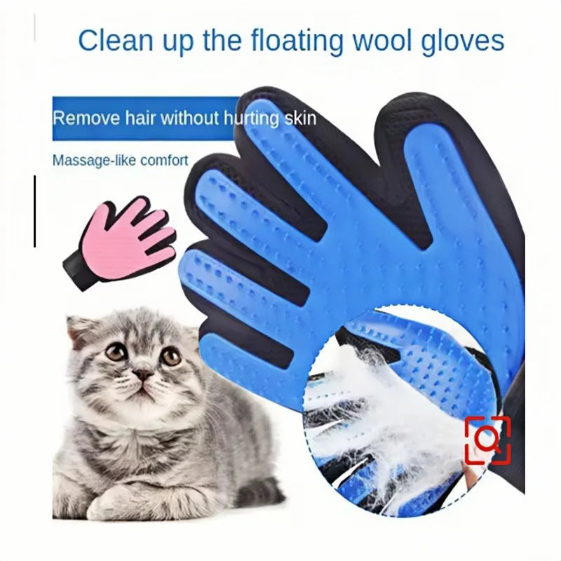 A blue silicone pet grooming glove is shown next to a cat, demonstrating its use for removing hair without hurting the skin.