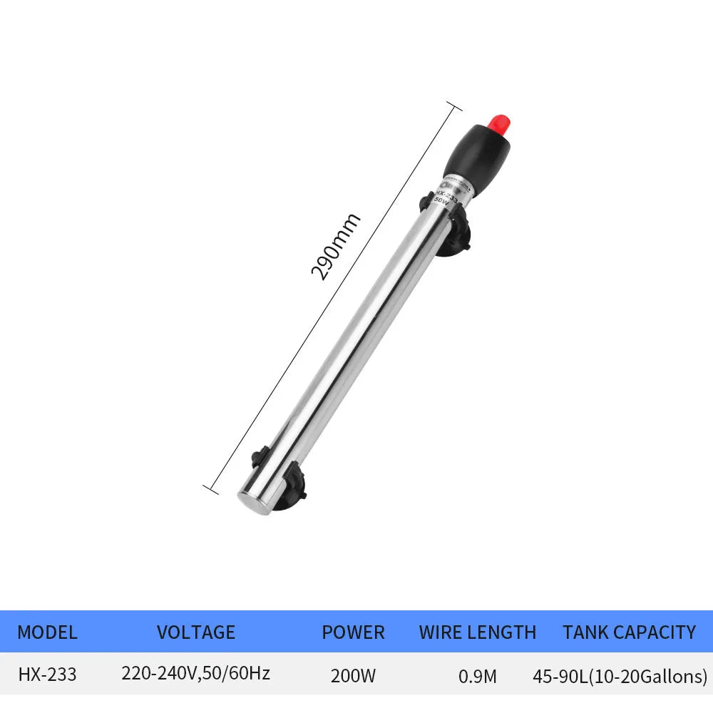 Stainless steel aquarium heater with a black adjustable thermostat and a 290mm long shaft.