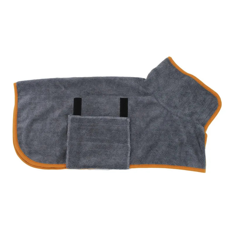 A gray, absorbent dog bathrobe with black straps and an orange trim.