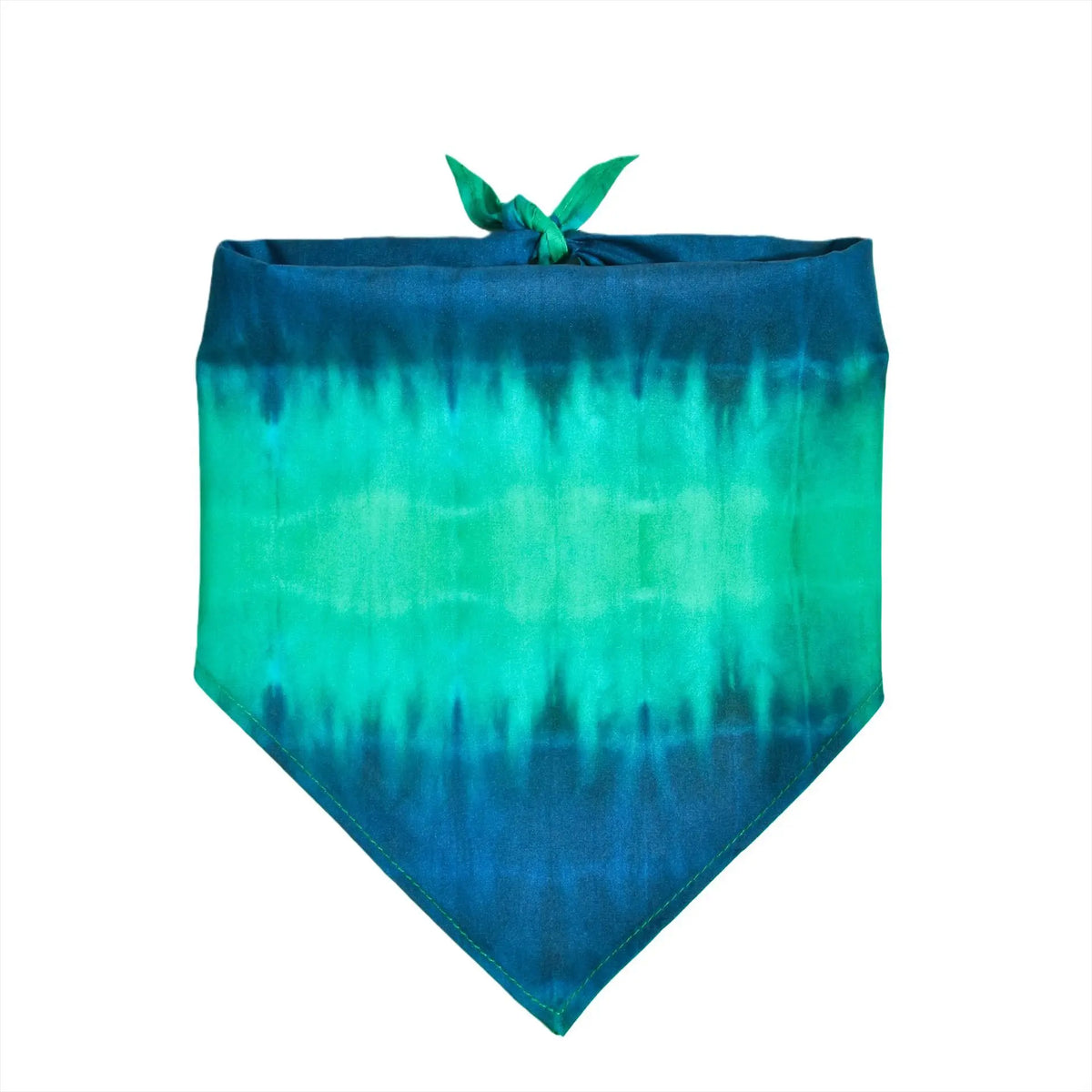 A square fabric bandana in a gradient of teal and blue with a green tie, suitable for grooming.