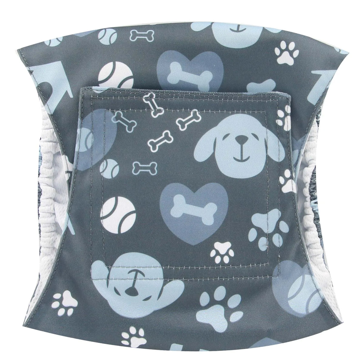 A reusable adjustable belly band for a dog featuring a gray and light blue pattern of paw prints, bones, and hearts.