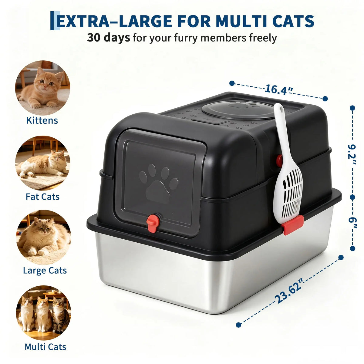 Extra-large stainless steel enclosed litter box for multi cats with a removable lid and scoop