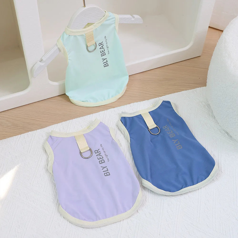 Light blue and purple cooling dog vests for summer with UV protection