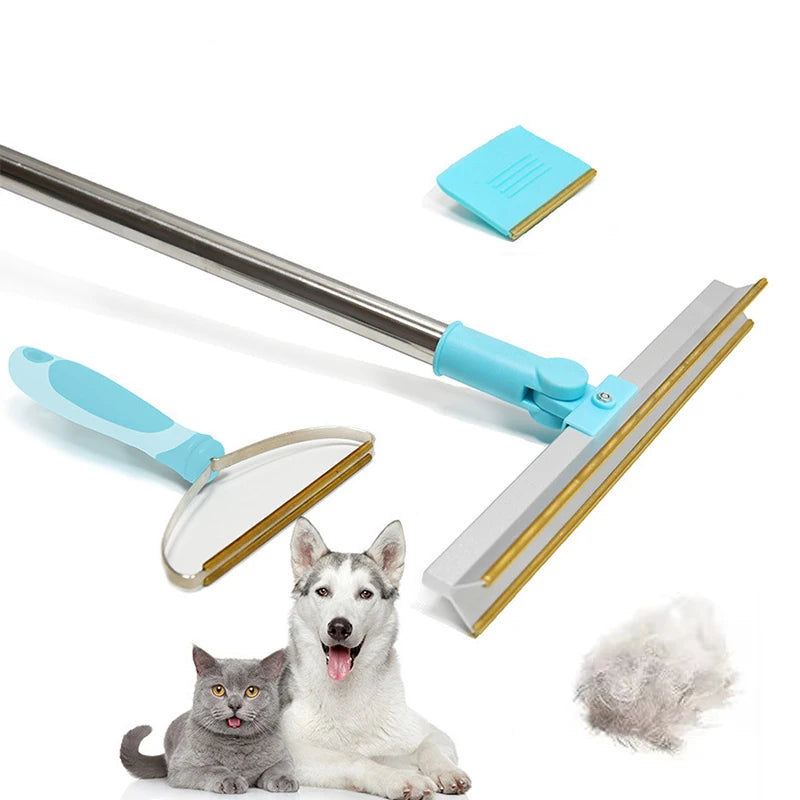 3-teiliges Tierhaarentfernungsset mit Teleskopgriff, inklusive Flachbürste und Reinigungspad