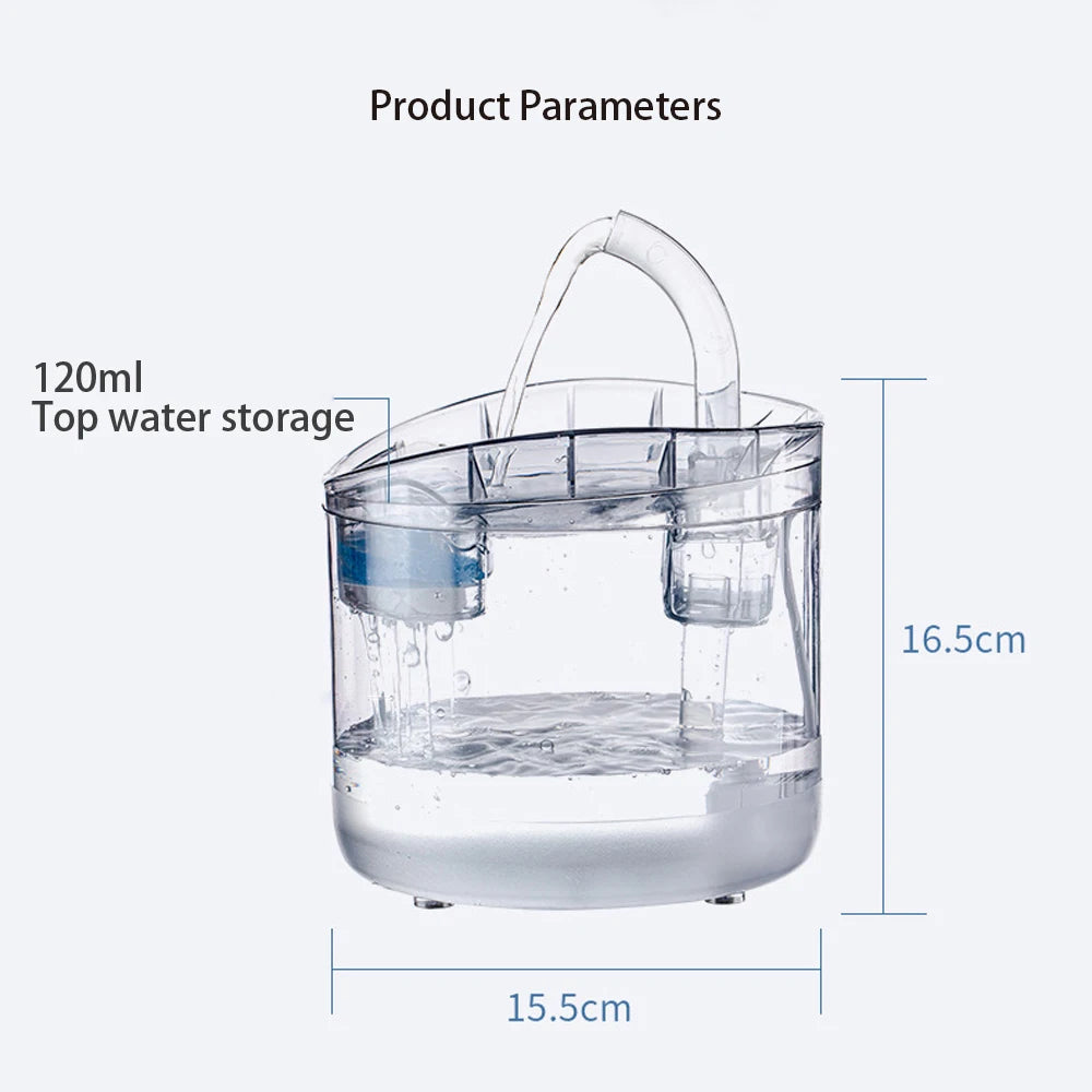 Clear pet water storage container with a handle and filter, shown next to dimension lines.