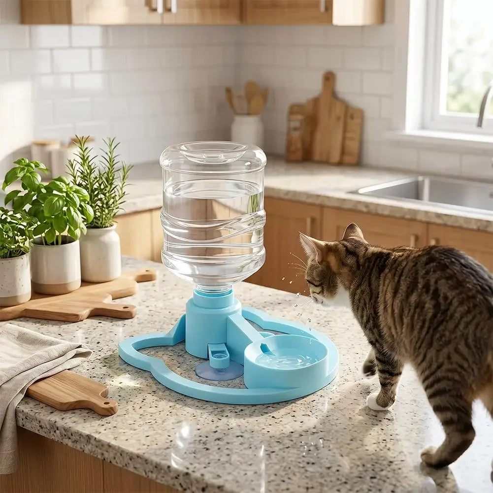 A tabby cat drinks water from a gravity dispenser bowl on a kitchen counter.