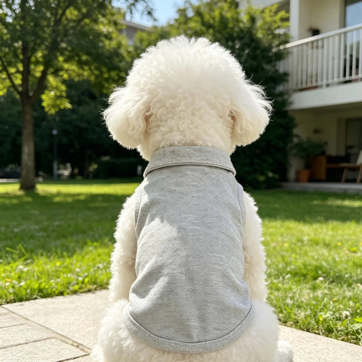 A light gray breathable polo shirt for a dog is shown from the back outdoors in a grassy yard.
