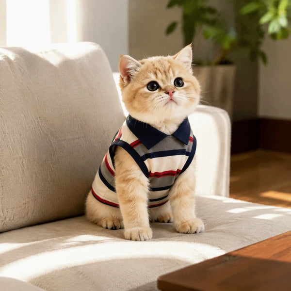 A fluffy orange kitten wearing a navy and white striped polo shirt sitting on a light-colored sofa.