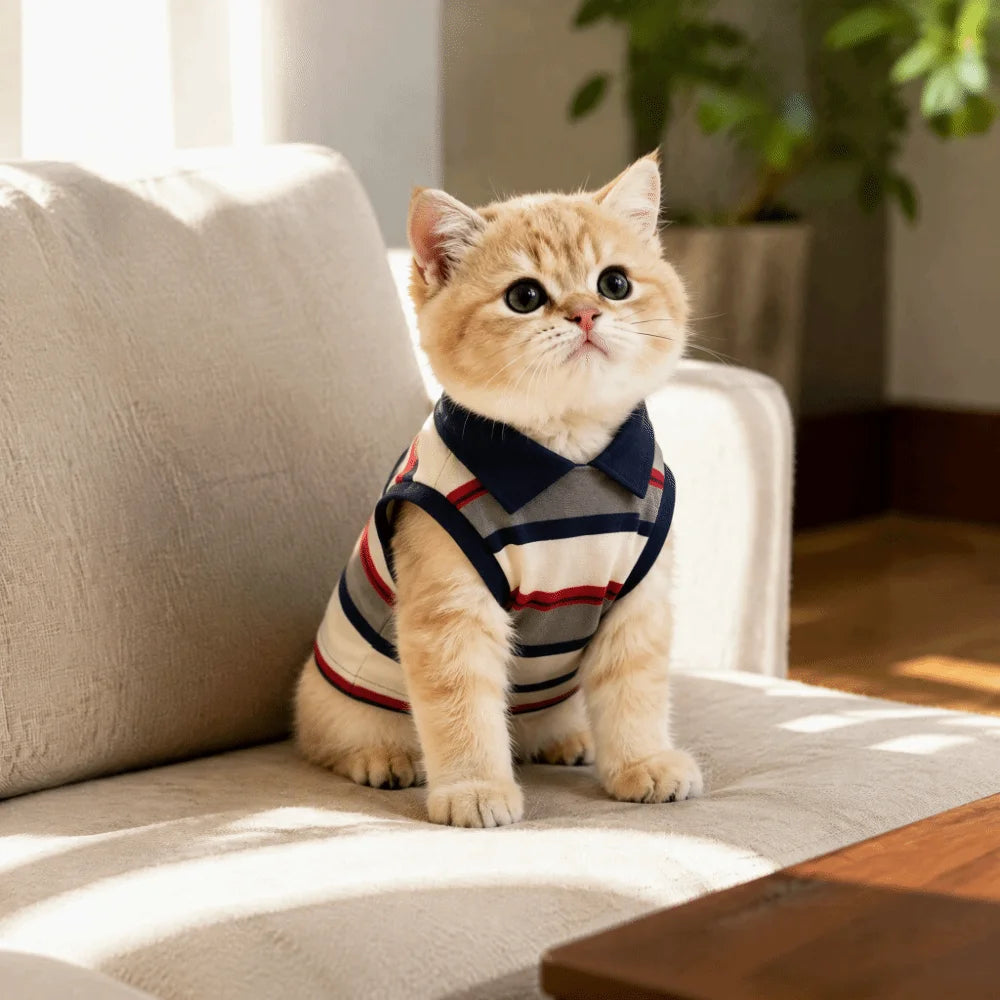 A fluffy orange kitten wearing a navy and white striped polo shirt sitting on a light-colored sofa.