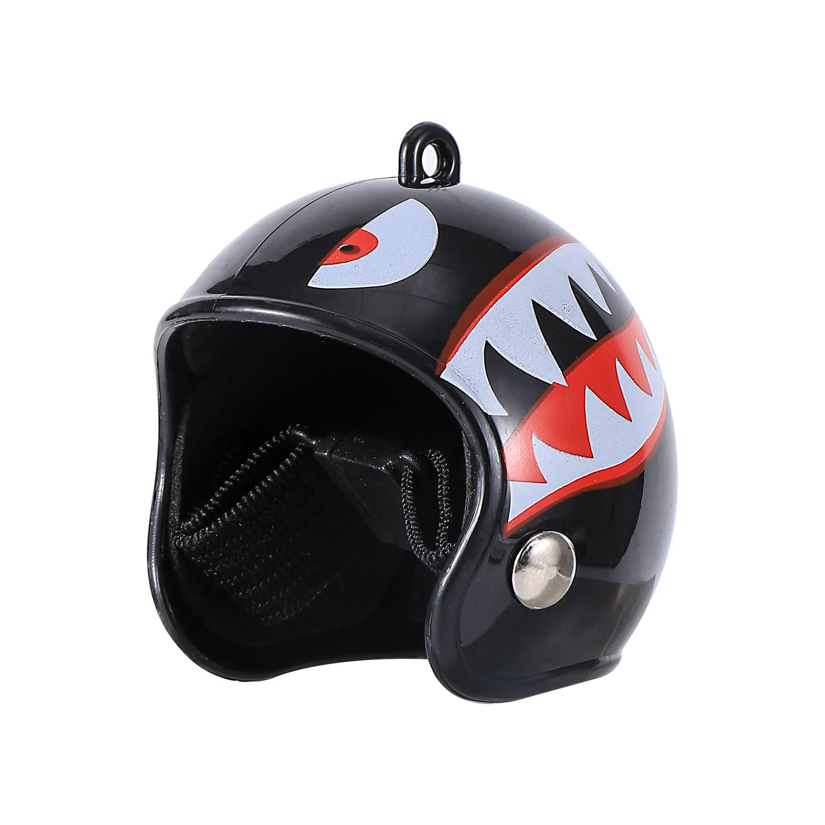 A black adjustable bird safety helmet with a white and red tooth design.
