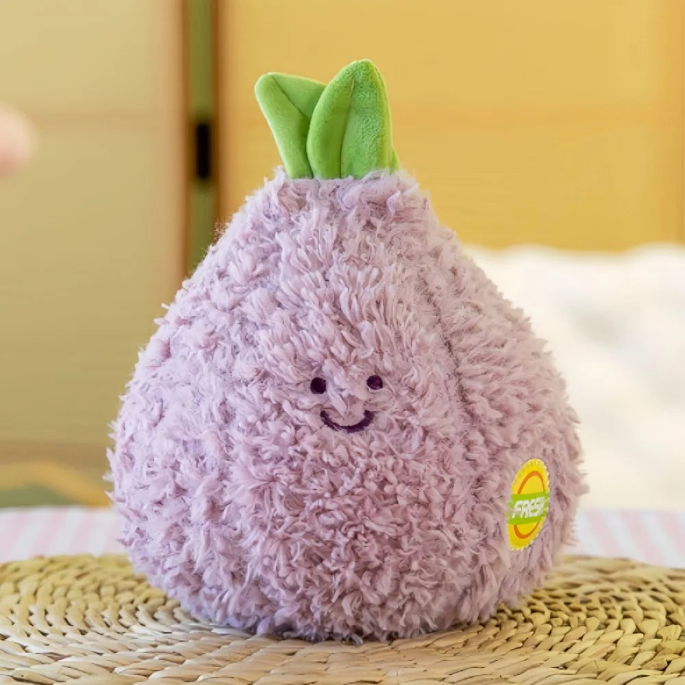 A soft purple plush vegetable doll shaped like a pear with green leaves, resting on a woven mat.