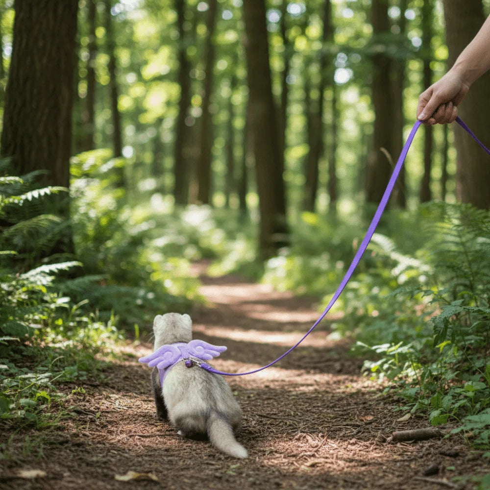 A small, light-colored dog wearing a purple harness is being led by a person on a leash through a wooded path.