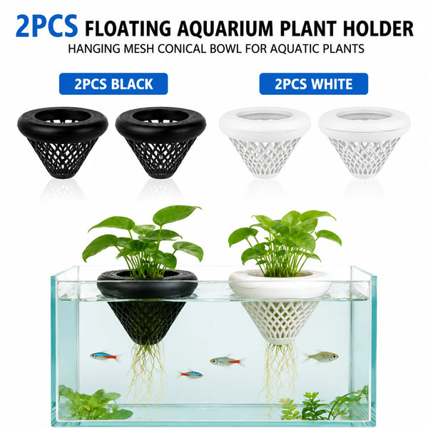 Two pairs of floating mesh conical bowls for aquatic plants, black and white, displayed in an aquarium.