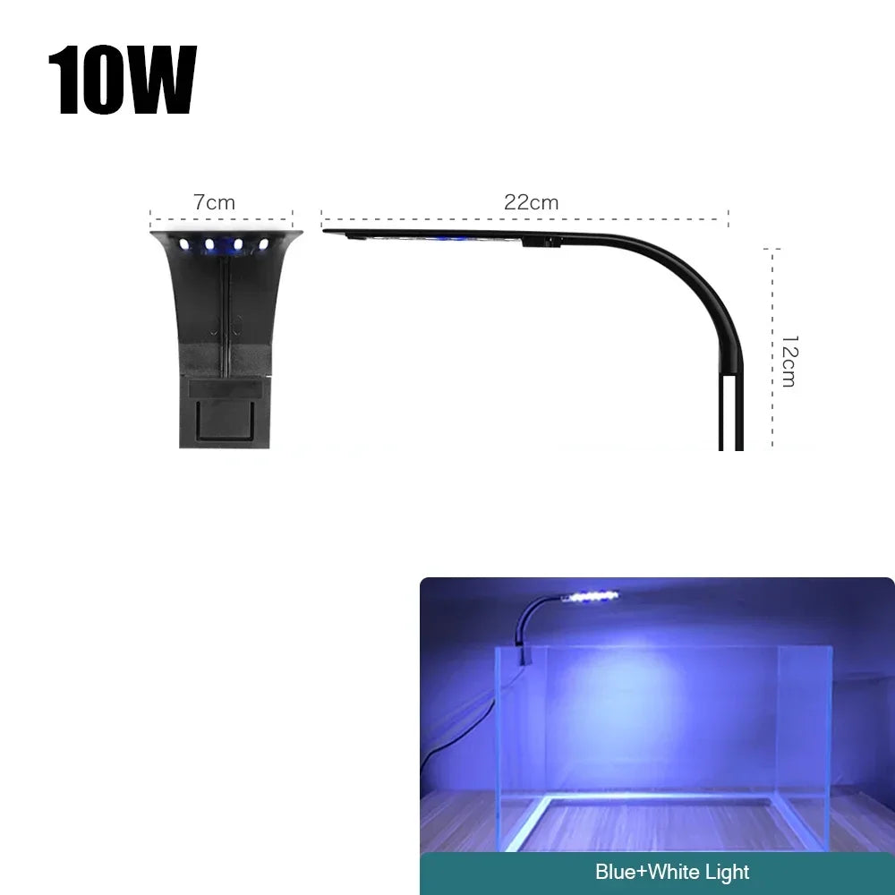 A slim clip-on LED aquarium light with a black curved arm and blue light illuminating an aquarium.