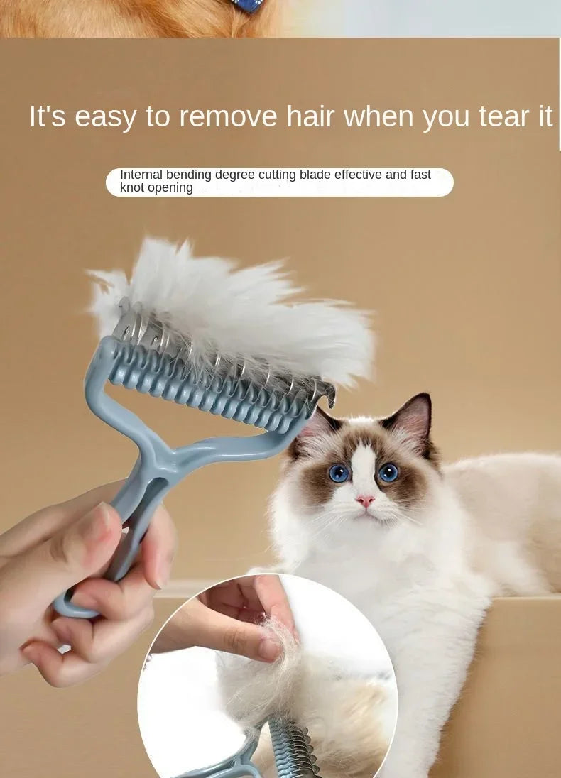 A cat is being groomed by a person using a blue pet grooming brush to remove hair knots.
