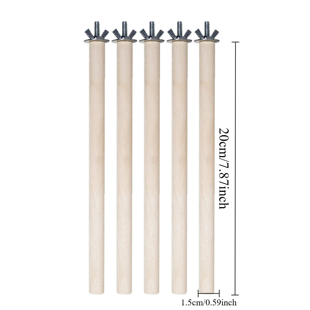 Five natural wood hanging perches for parrots, each with metal hooks.
