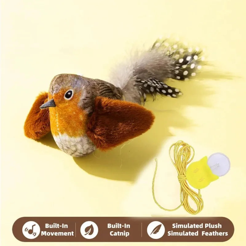 A small, realistic bird toy resembling a thrush is shown next to an elastic rope and a light bulb.