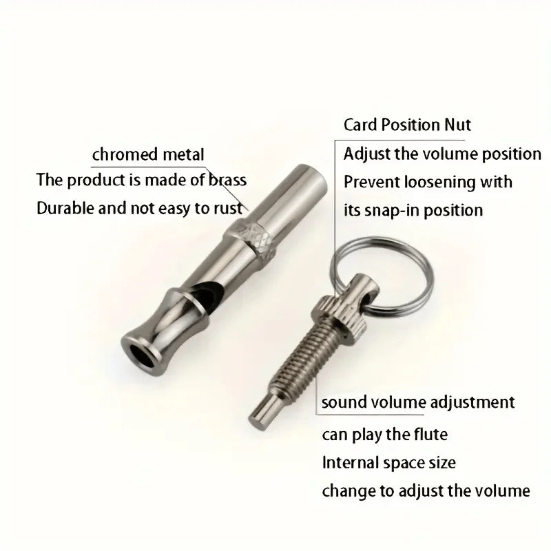 A chromed metal card position nut used to adjust the volume of a flute-playing dog whistle.