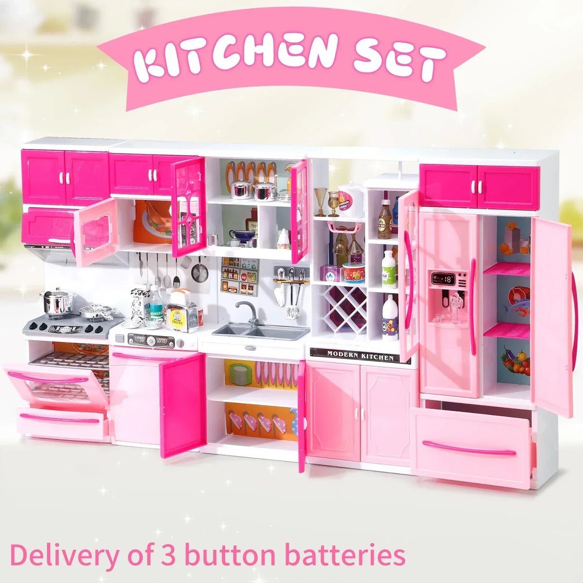 A pink kitchen set play food and appliance kit with lights and sounds