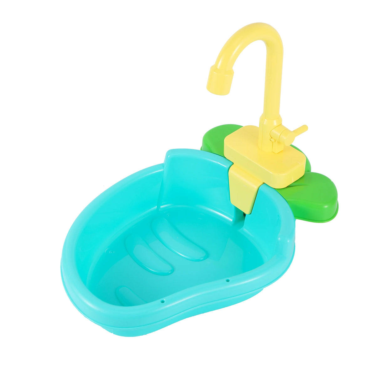 A yellow automatic shower faucet is mounted on a turquoise bird bath basin.