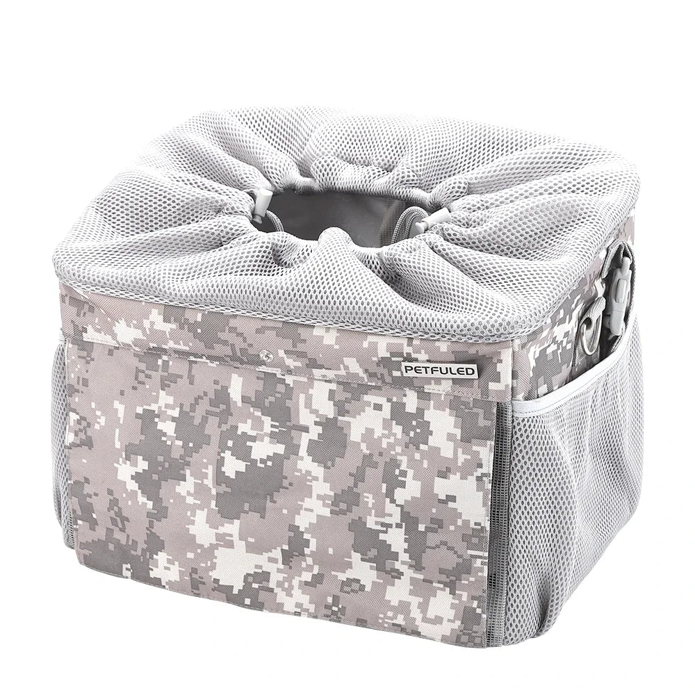 Panier de vélo pour animaux gris et sac de voyage avec motif camouflage.