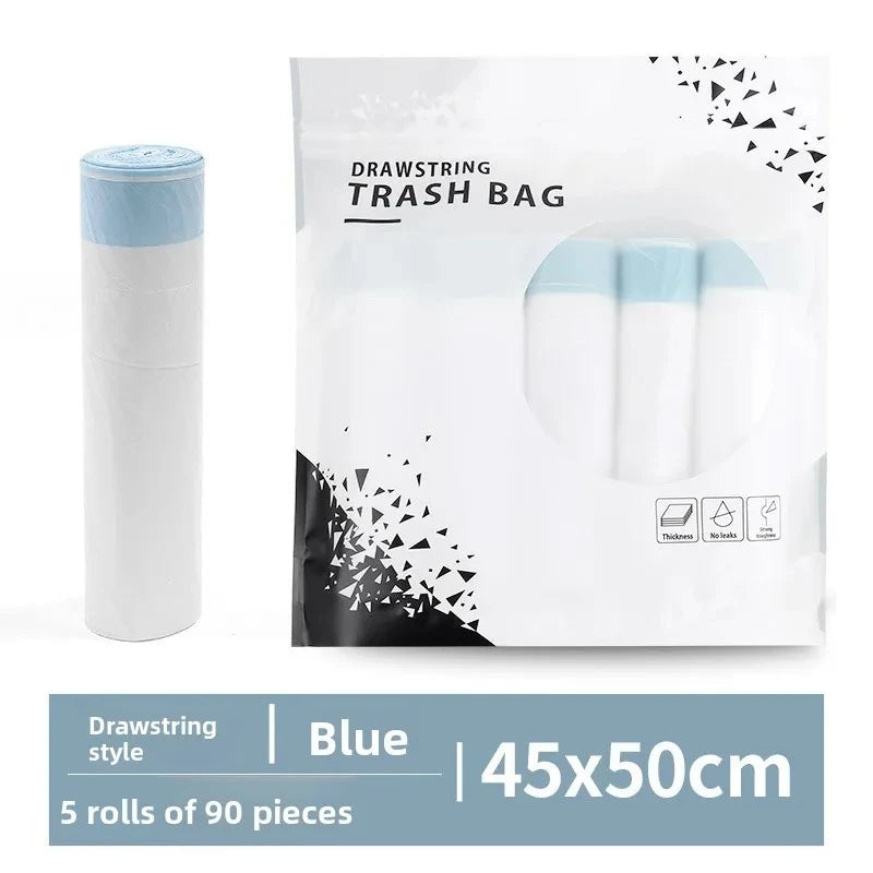 White and blue drawstring trash bags with handles packaged for sale