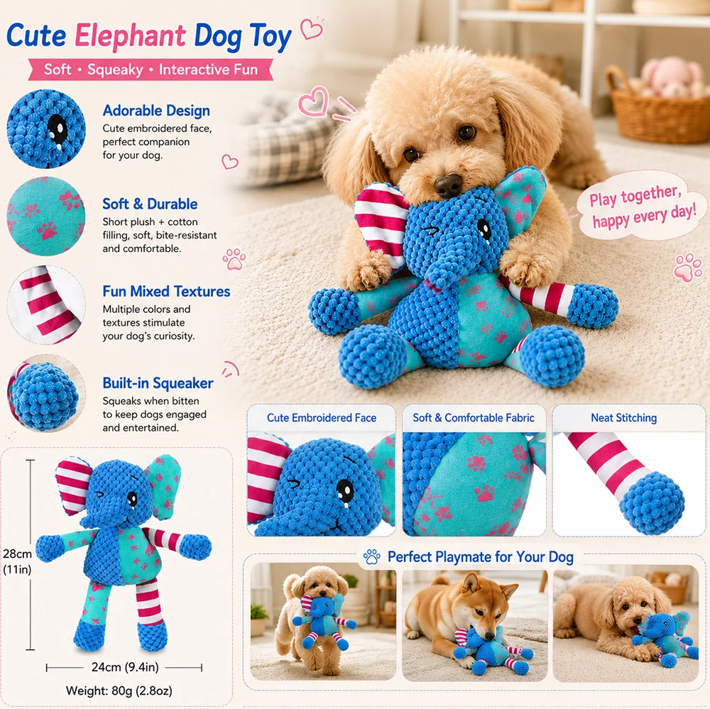 A fluffy yellow dog toy elephant plush with embroidered face and mixed textures for play