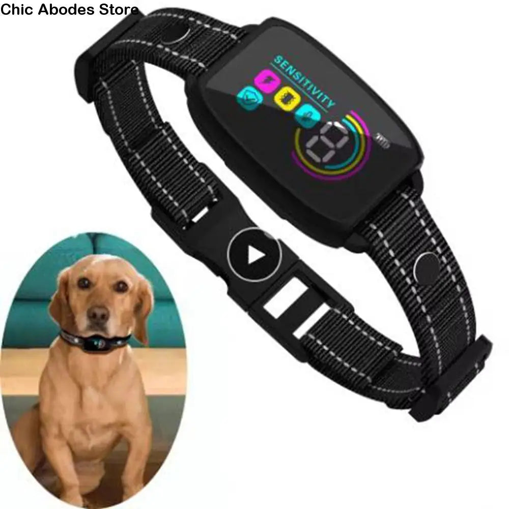 A black dog bark collar with an electronic display and adjustable sensitivity is shown next to a golden retriever.