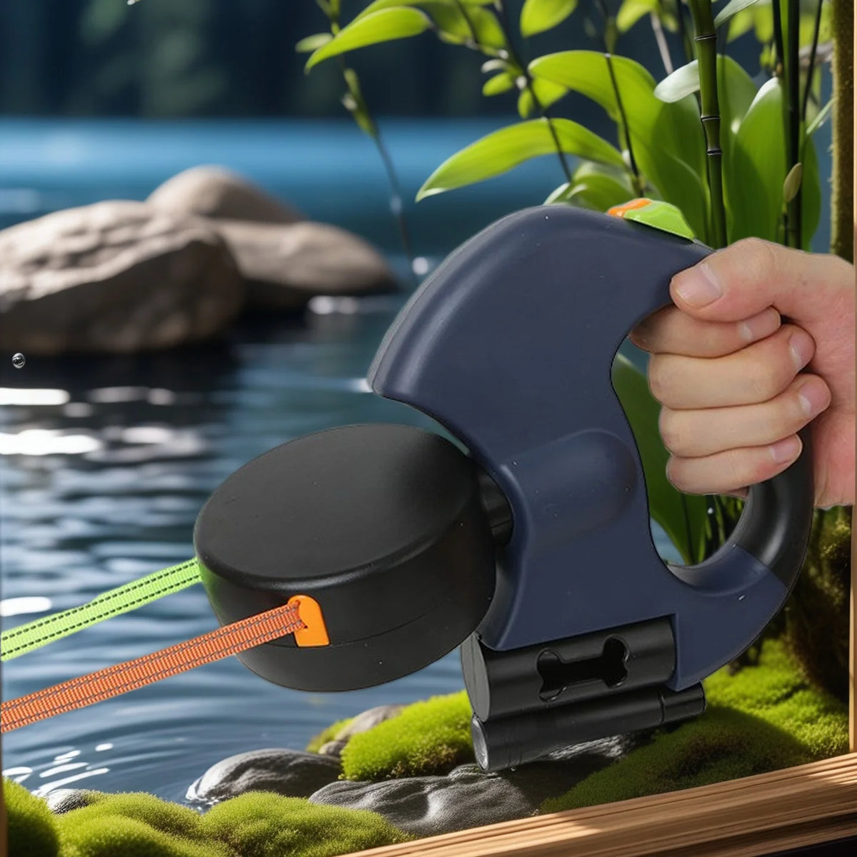 A hand holds a dark gray retractable dog leash with an LED light, positioned over water and rocks.