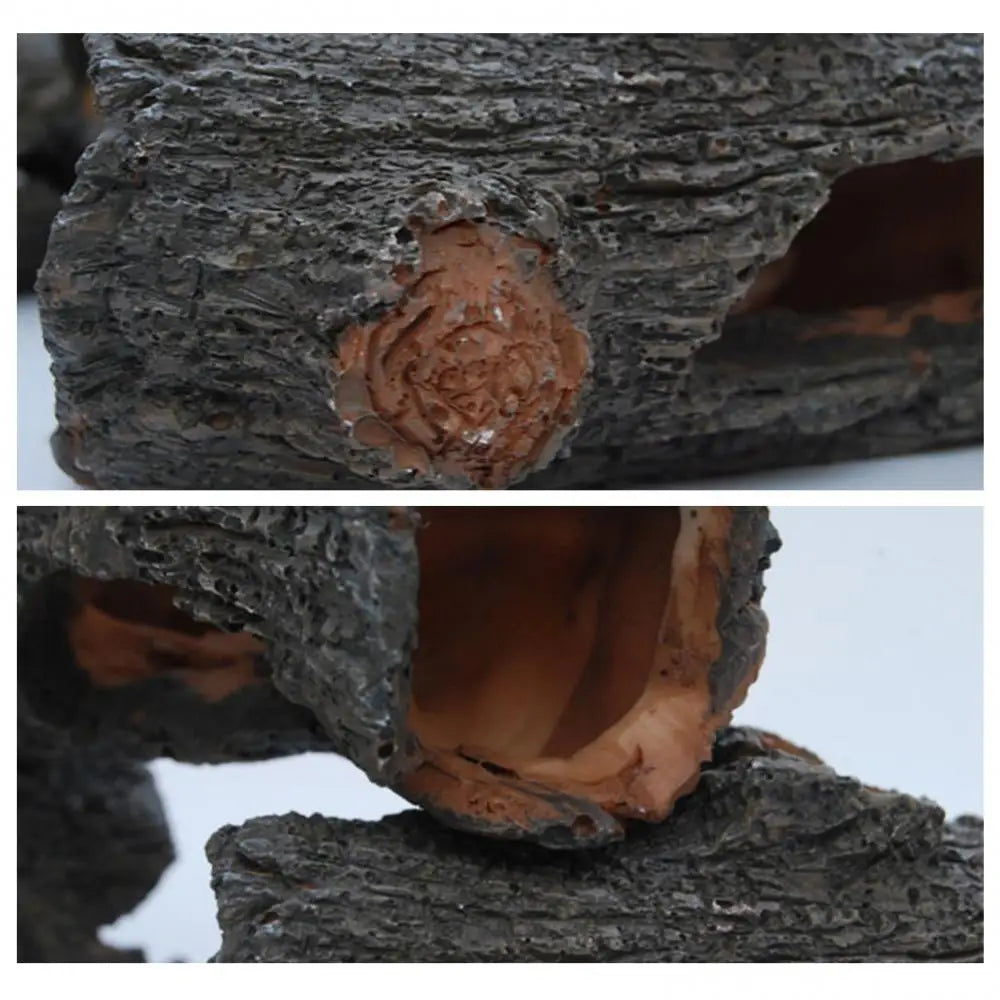 Close-up view of a hollowed tree branch ornament with an internal reddish-brown wood texture.