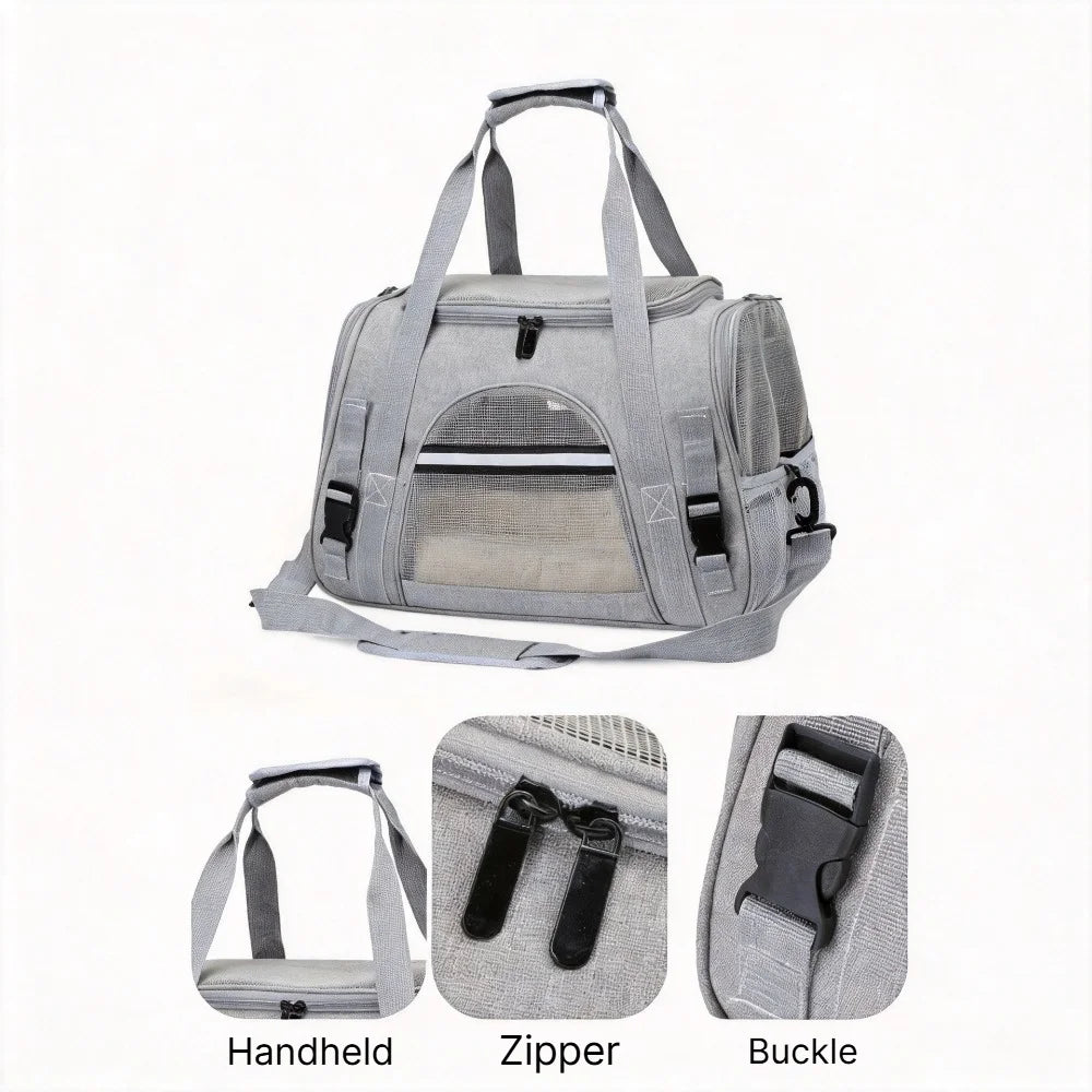 Gray foldable pet travel carrier bag shown with handheld strap, zipper, and buckle components.