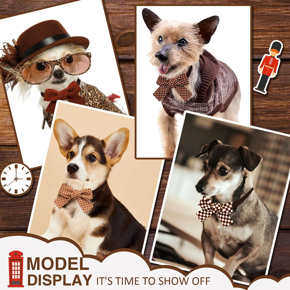 A display featuring various pet bow ties for dogs and cats, including leopard print, brown, and patterned fabric.