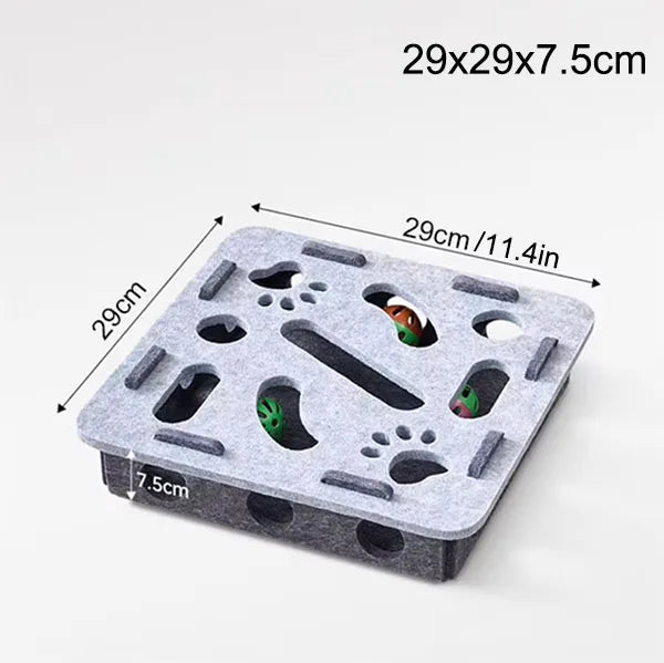 A gray interactive cat puzzle toy box with various tunnels and holes for a small animal.