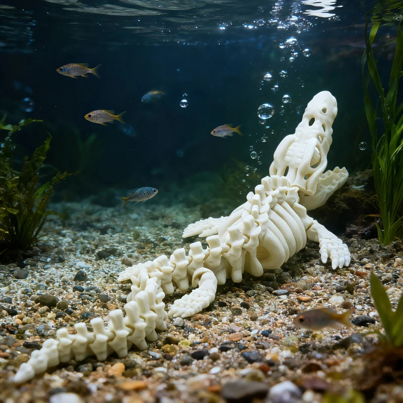 A realistic white skeleton aquarium decoration with a dinosaur design rests on the sandy bottom of an underwater scene.