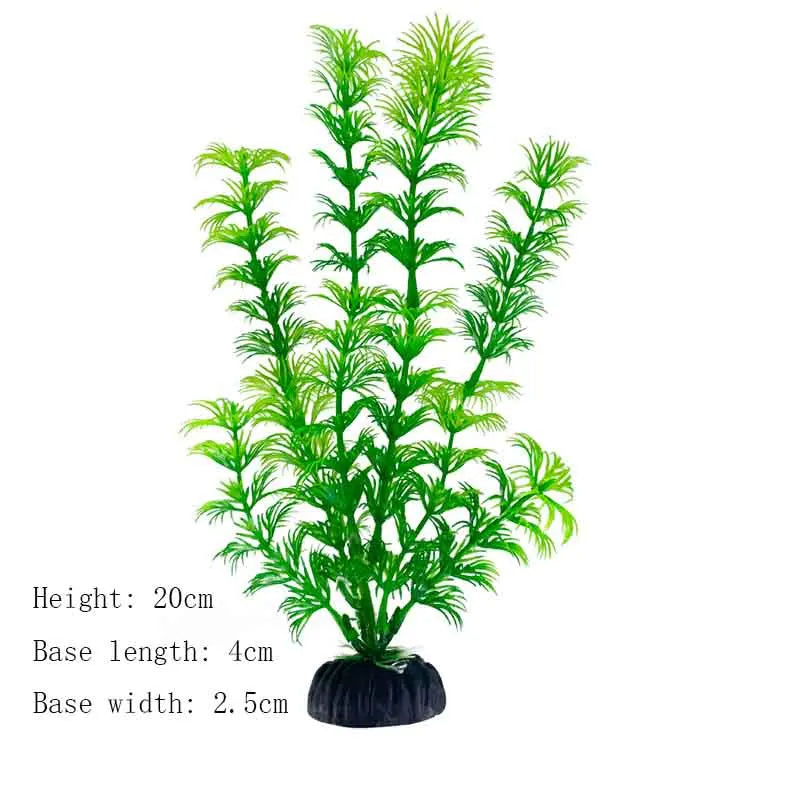 A vibrant green artificial aquarium plant with a height of 20cm and base dimensions of 4cm length by 2.5cm width.