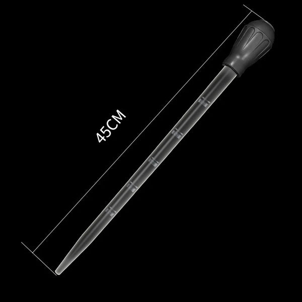 A long, slender black extendable aquarium water siphon with a flared tip.