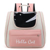 Sac à dos panoramique rose et blanc pour animaux avec poche avant noire et texte "Hello Cat".