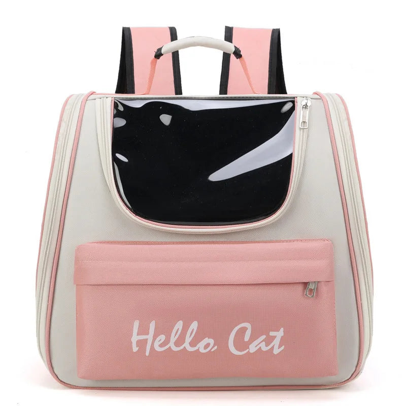 Sac à dos panoramique rose et blanc pour animaux avec poche avant noire et texte "Hello Cat".