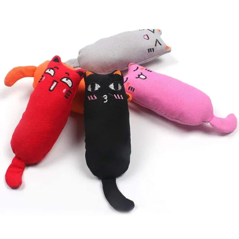 A set of three plush catnip crinkle toys shaped like cats in orange, gray, and pink.