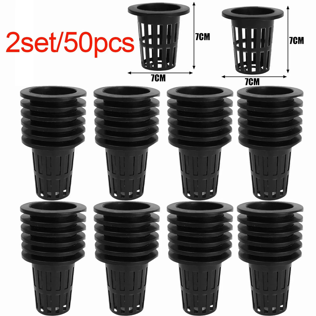 A set of 50 black hydroponic mesh net pots for plant cultivation, shown in various sizes.