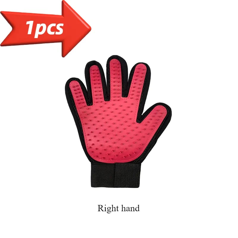 A single pink pet grooming glove for a dog or cat's paw, shown as a right hand.