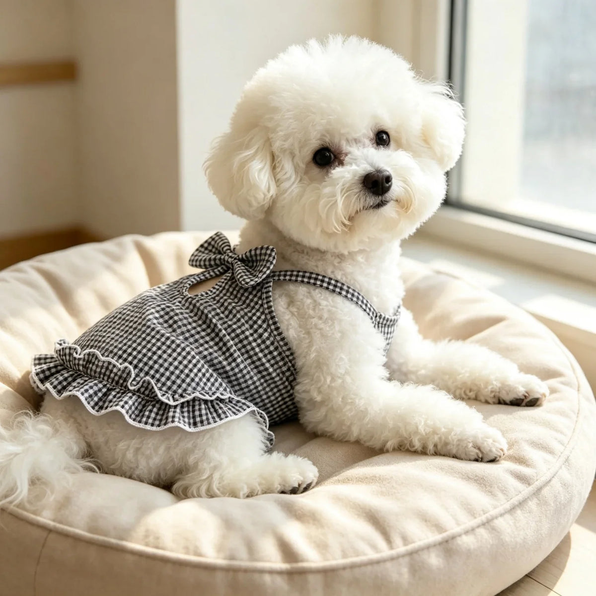 A fluffy white dog wearing a black and white checkered ruffled tank top sitting on a light-colored cushion near a window.